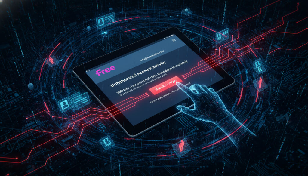 Représenatation de phishing Free Mobile fuite de données 2024