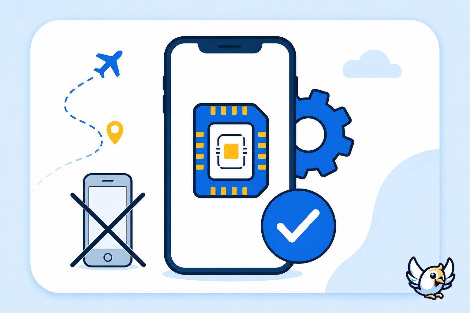 Bedste internationale rejse-SIM-kort: ikonguide der sammenligner eSIM, fysisk SIM og roaming