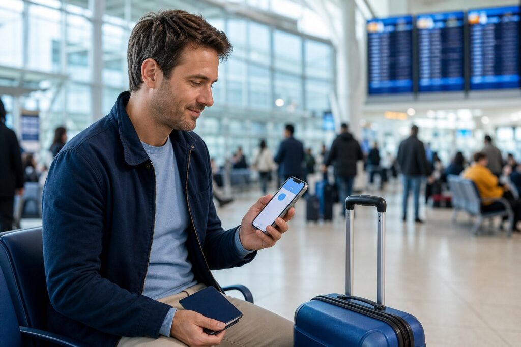 Best overseas travel SIM card: traveller comparing mobile options before an international flight