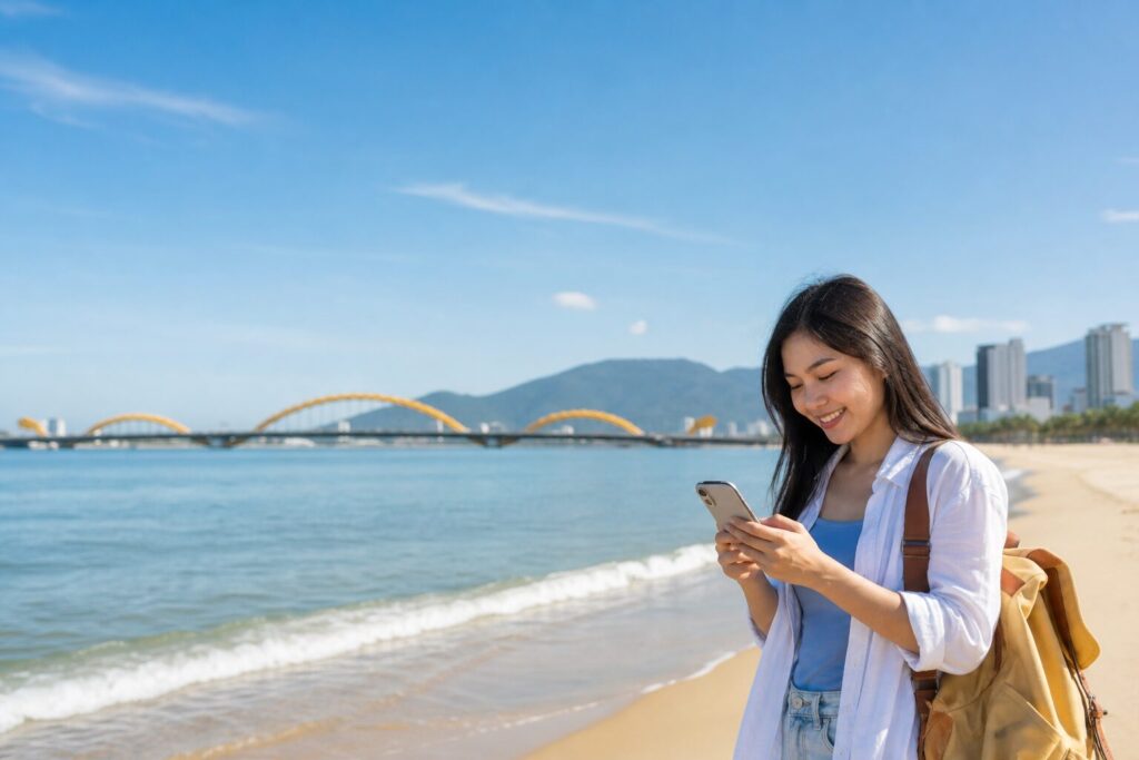 Choisir son eSIM pour Da Nang : voyageur connecté près de My Khe Beach au Vietnam