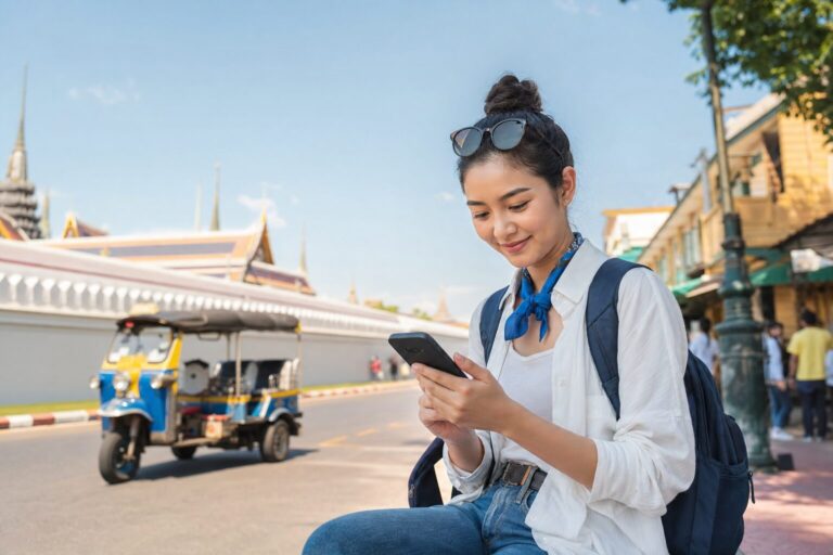 Internet en Thaïlande : voyageur connecté avec son smartphone à Bangkok