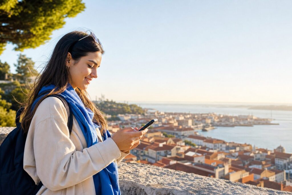 eSIM Portugal : voyageur connecté avec son smartphone à Lisbonne