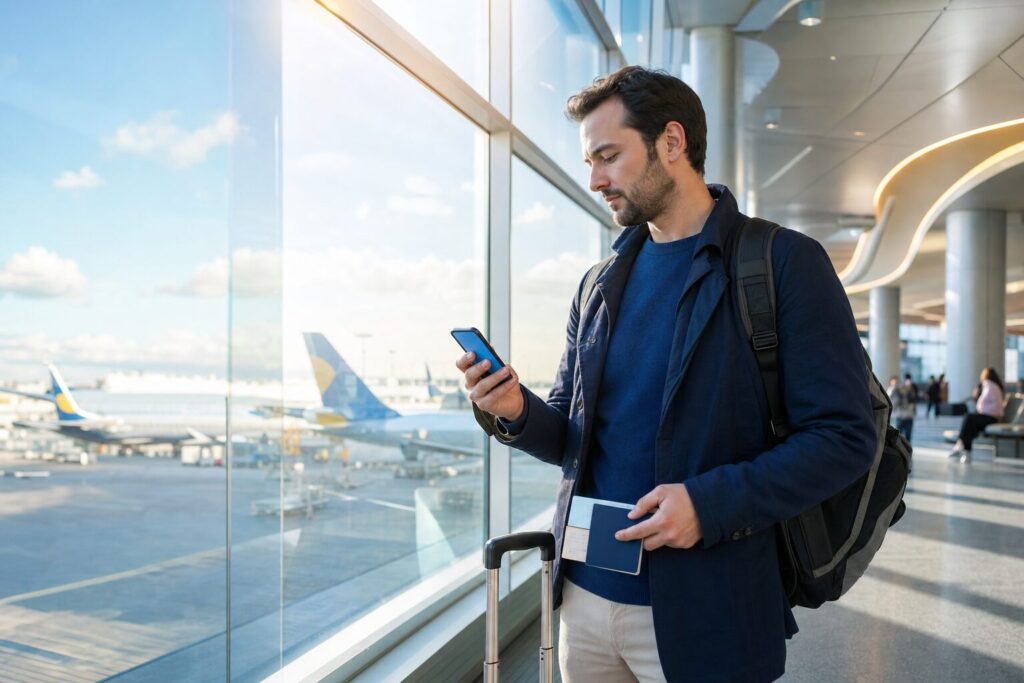 eSIM data works but calls not working after travel abroad: traveller checking phone signal at the airport