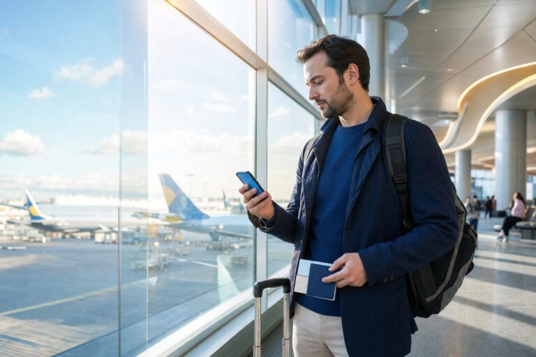 eSIM data works but calls not working after travel abroad: traveller checking phone signal at the airport