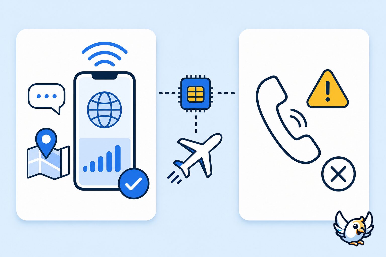 eSIM data works but calls not working after travel abroad: data-only eSIM explained with icons
