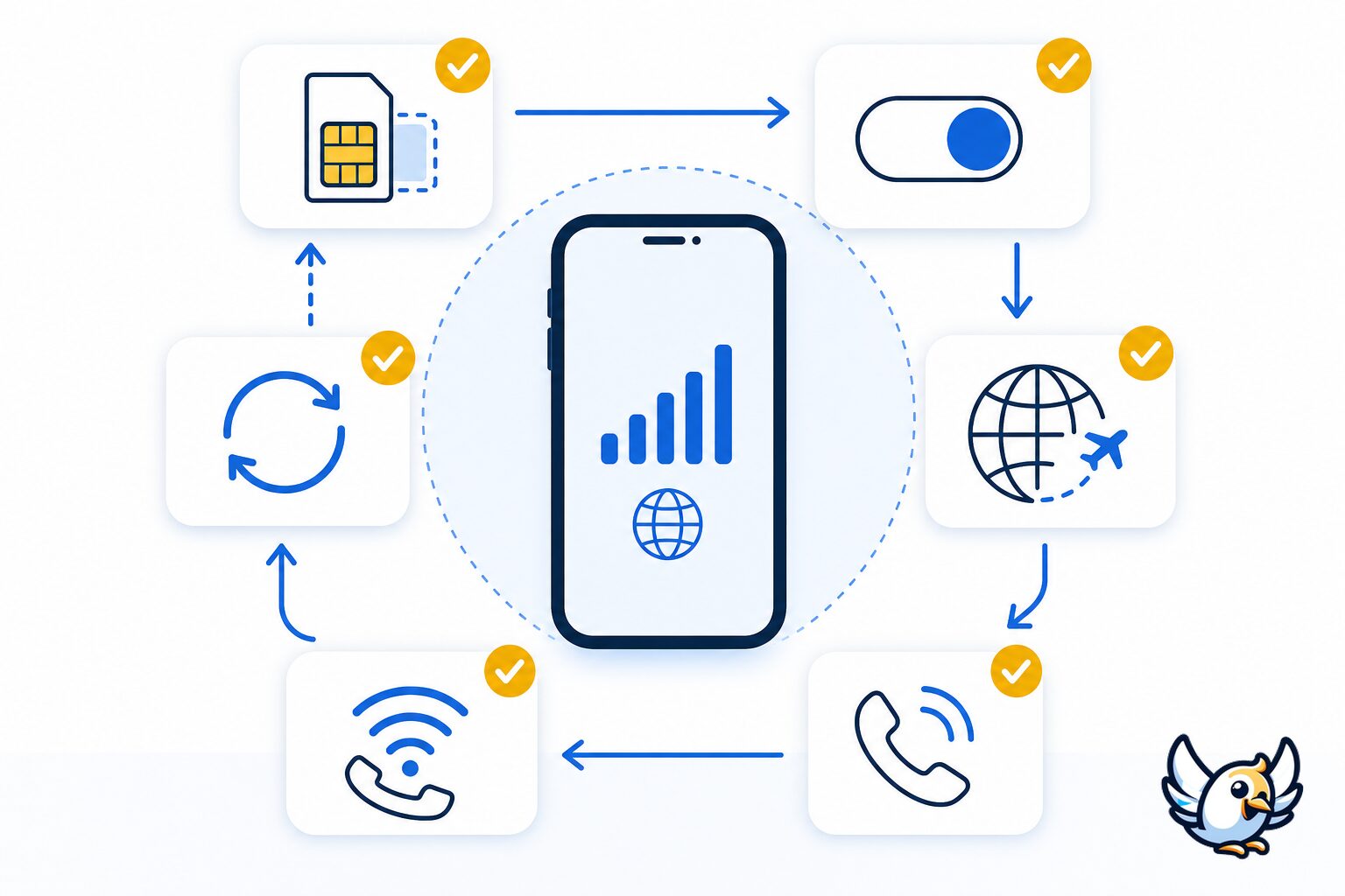 eSIM data works but calls not working after travel abroad: icon checklist for phone settings