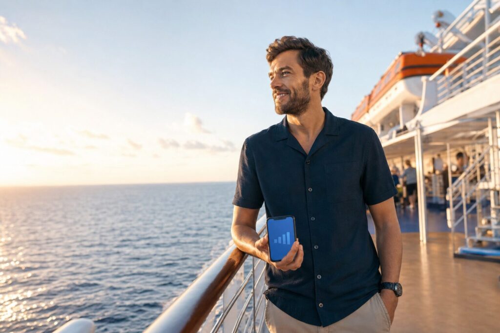 Best eSIM for cruise ships 2026: traveller staying connected on a cruise deck