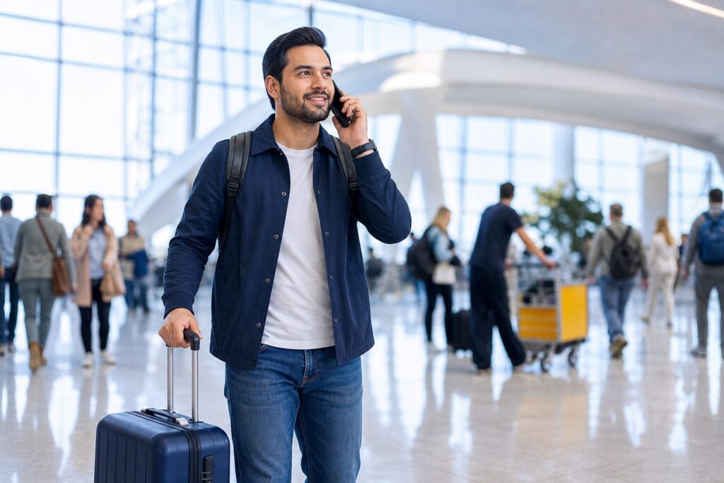 How to make local phone calls while abroad: traveller using a phone after landing