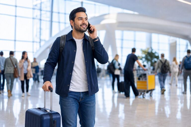 How to make local phone calls while abroad: traveller using a phone after landing