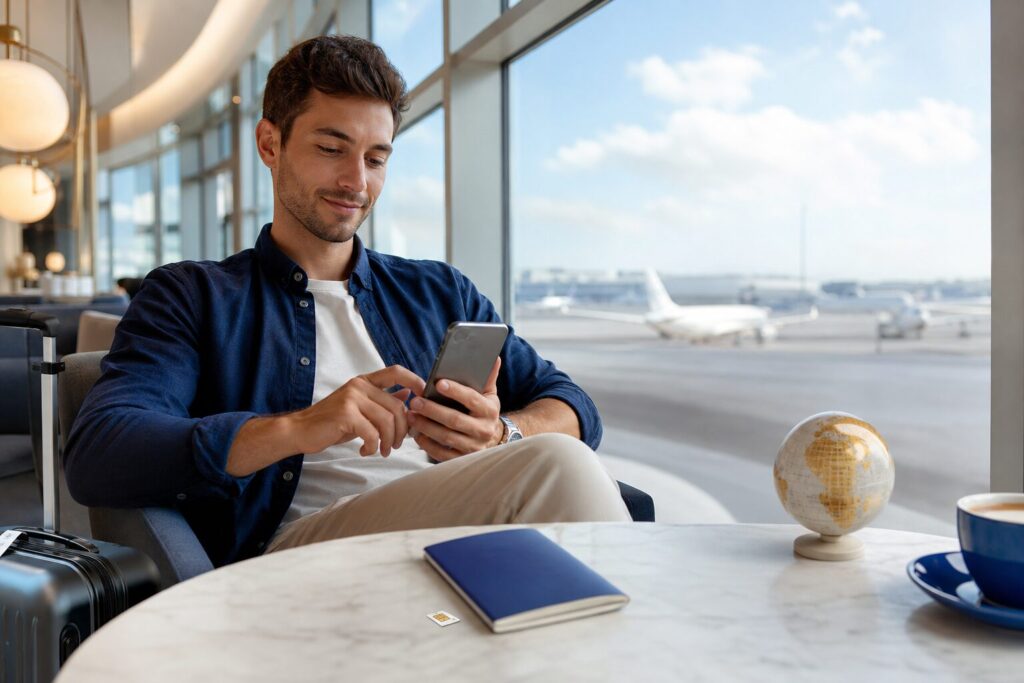 buy telephone number online: traveller choosing a private phone number and eSIM before a trip