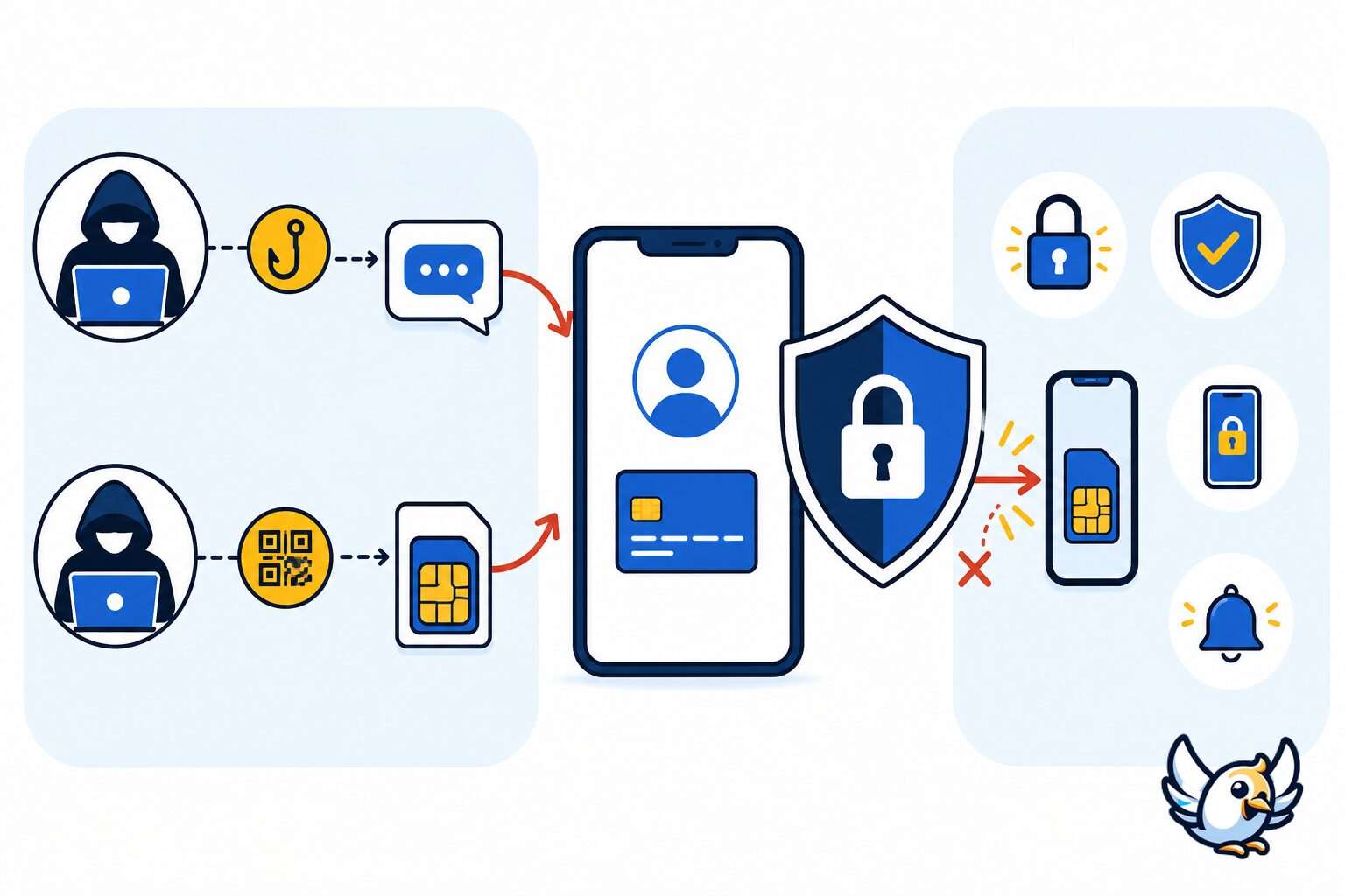 eSIM-oszustwo: graficzna mapa procesu przejęcia numeru telefonu