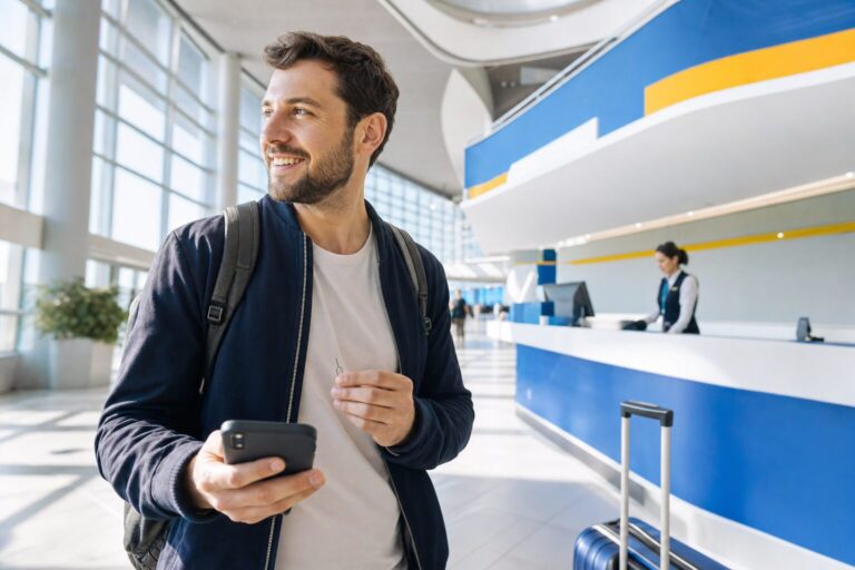 Where can you buy a SIM card: traveller comparing mobile options at the airport