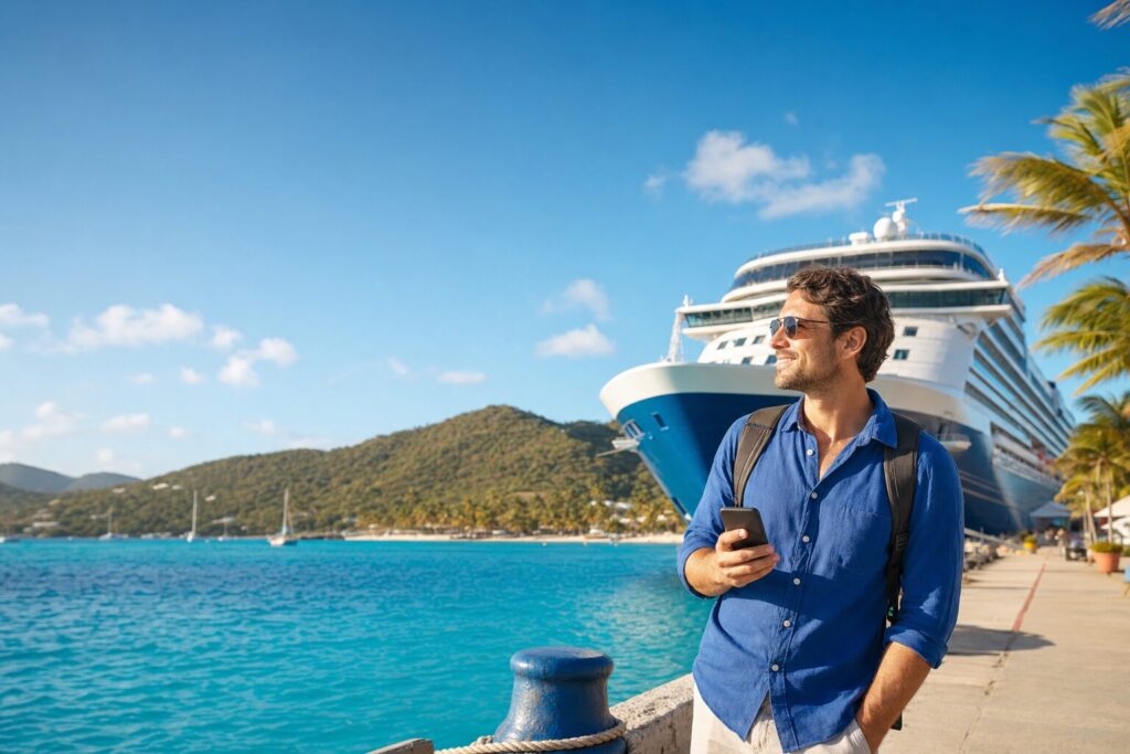 Best eSIM for Caribbean cruise: traveller connected near a cruise ship in port