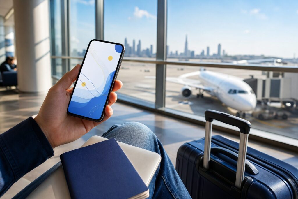 Best eSIM for USA from UK: traveller preparing mobile data before flying to the United States