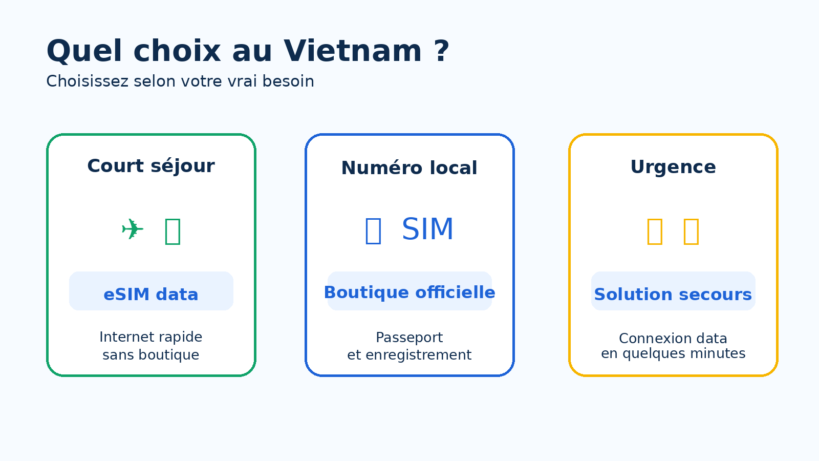 Sch&eacute;ma choix SIM ou eSIM Vietnam selon court s&eacute;jour num&eacute;ro local ou urgence