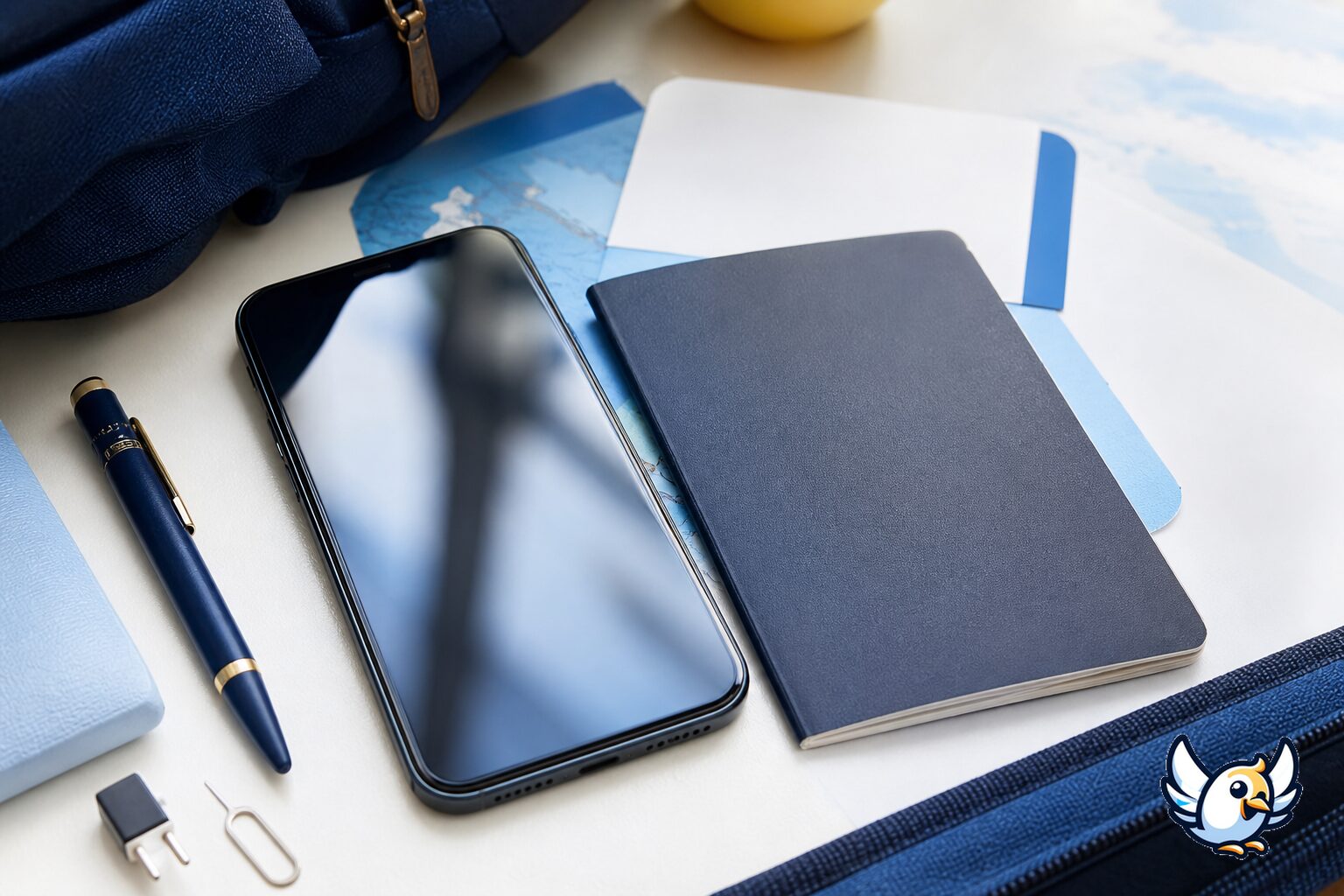 Backup smartphone ready for eSIM activation with passport and travel documents