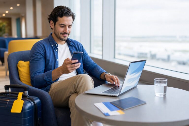 Buying eSIM online before a trip on a smartphone and laptop