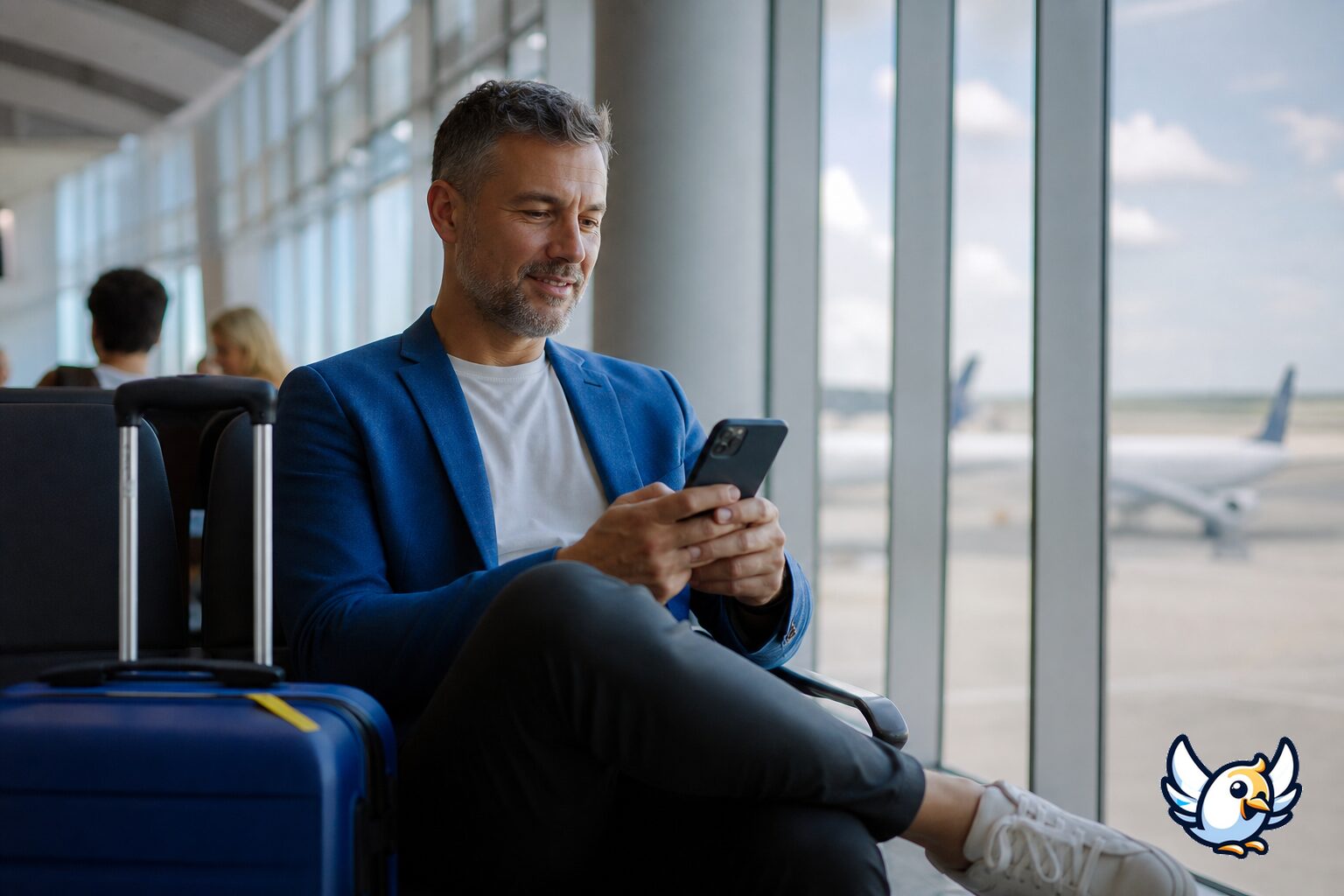 Călător &icirc;n aeroport folosind eSIM și aplicații de mesagerie