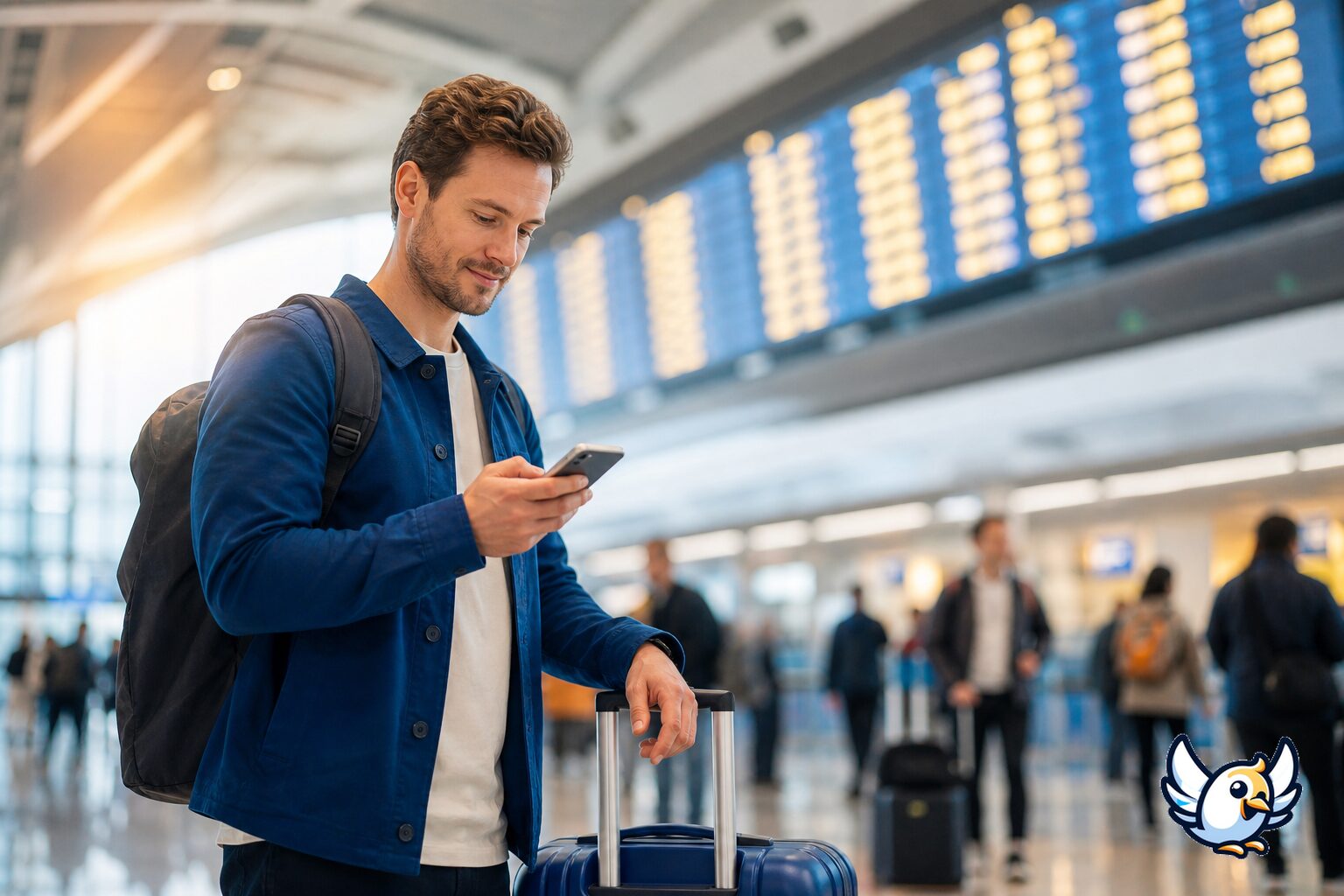 Cestovateľ kontroluje mobiln&eacute; d&aacute;ta cez eSIM na letisku