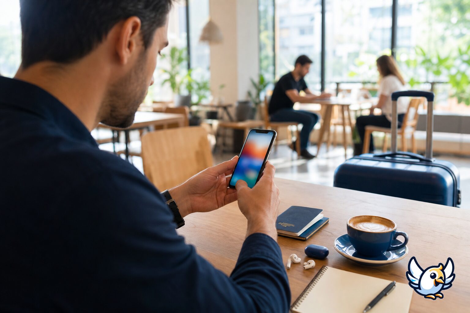 Comparație &icirc;ntre număr virtual și eSIM pe telefon &icirc;ntr-o cafenea modernă