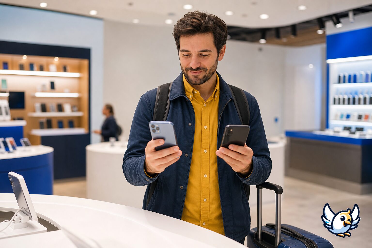 Comprador comparando un iPhone y un Samsung Galaxy antes de viajar