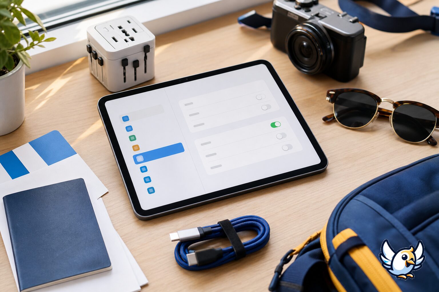 eSIM auf dem iPad mit mobilen Dateneinstellungen und Reiseutensilien