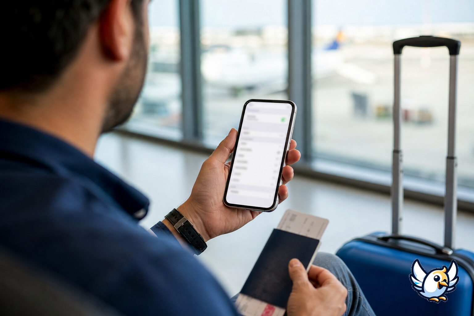 Havalimanında eSIM ayarlarını kontrol eden yolcu