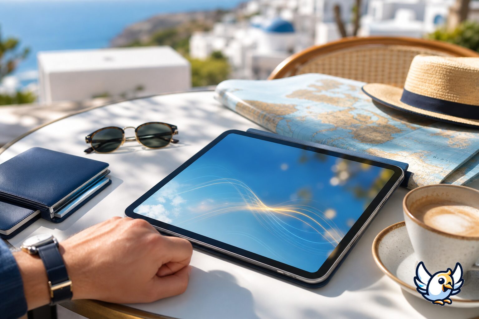 iPad avec eSIM en voyage sur une table de café
