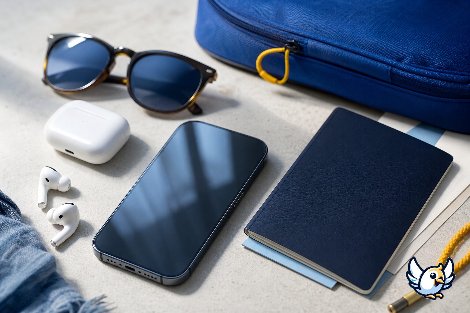 iPhone 15 met paspoort en reisaccessoires voor eSIM-reisdata