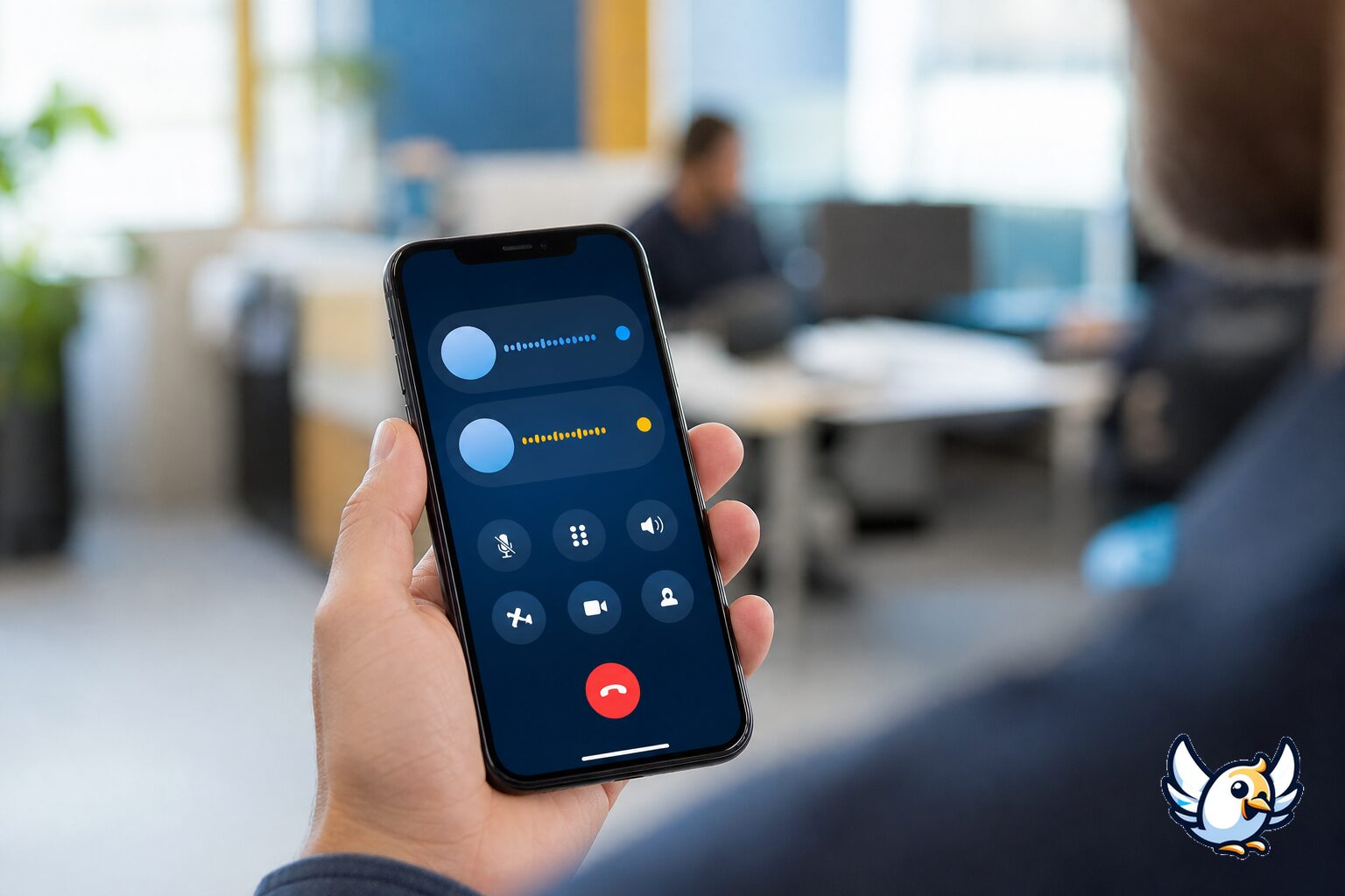 iPhone med dubbla linjer för samtal i kontorsmiljö
