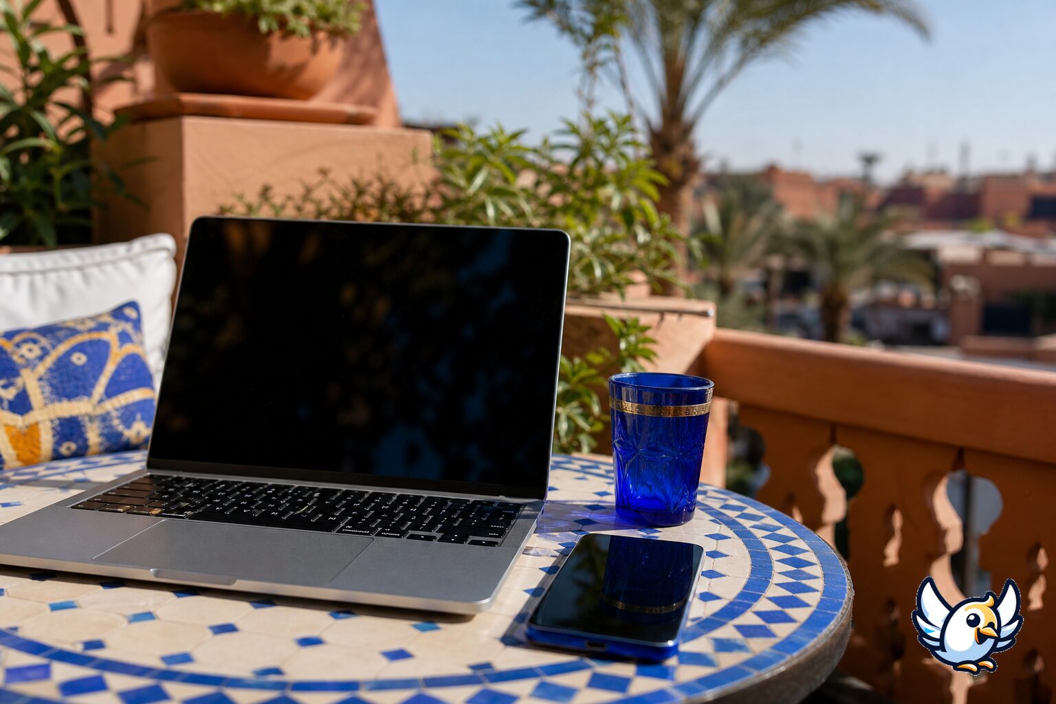 Laptop en smartphone met mobiele data op een terras in Marrakesh