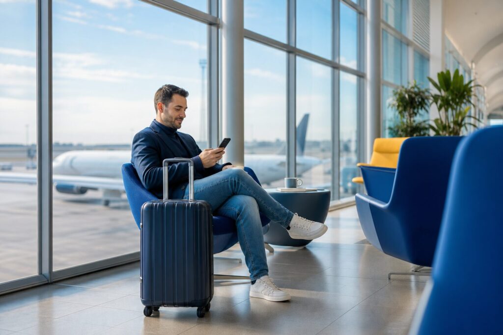 London Heathrow airport WiFi guide with traveller using a smartphone in the terminal