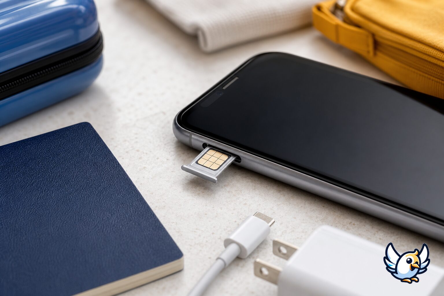 Nano SIM i smartphonefack p&aring; resebord med pass och laddare