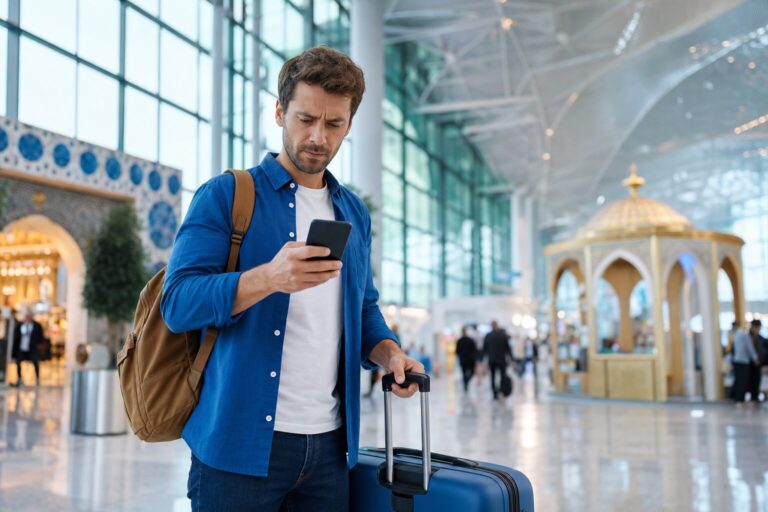 facture roaming Turquie : touriste inquiet avec smartphone à Istanbul