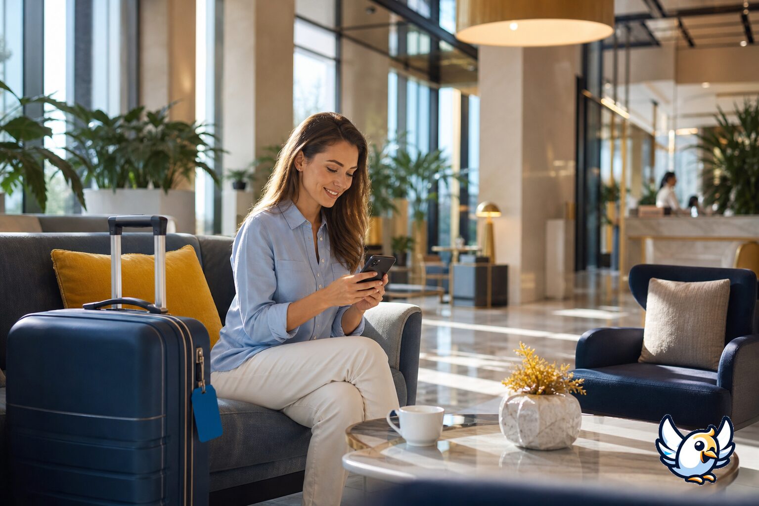 traveller using mobile data abroad after choosing a roaming or eSIM option