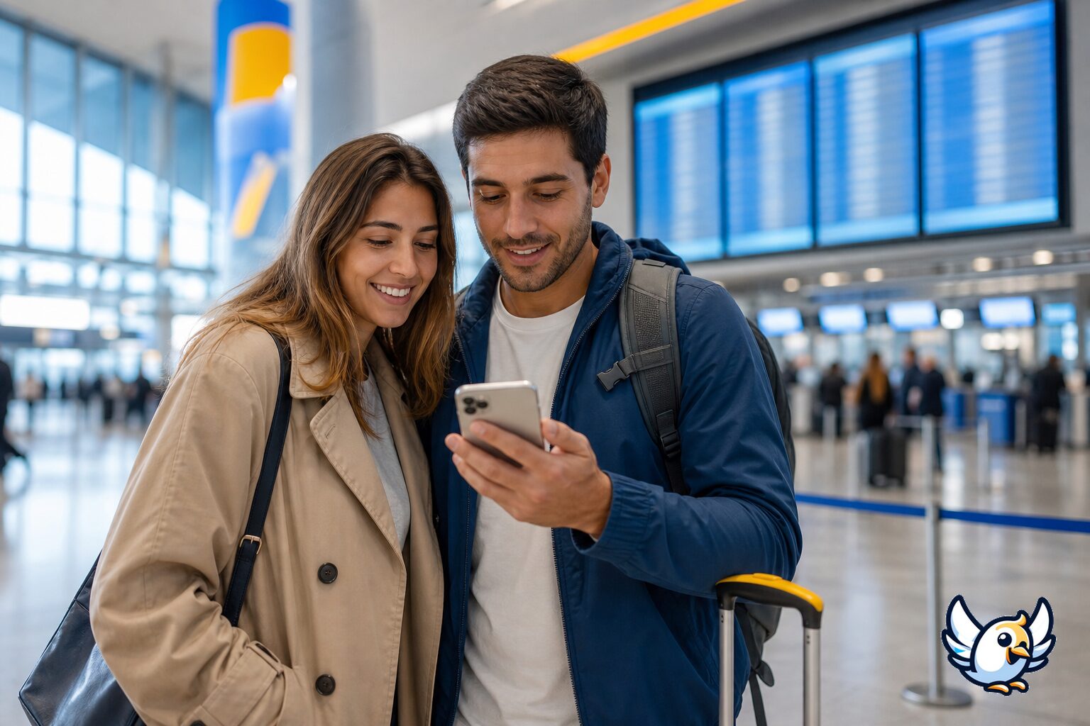 Rejsende tjekker mobildata p&aring; iPhone i lufthavnen