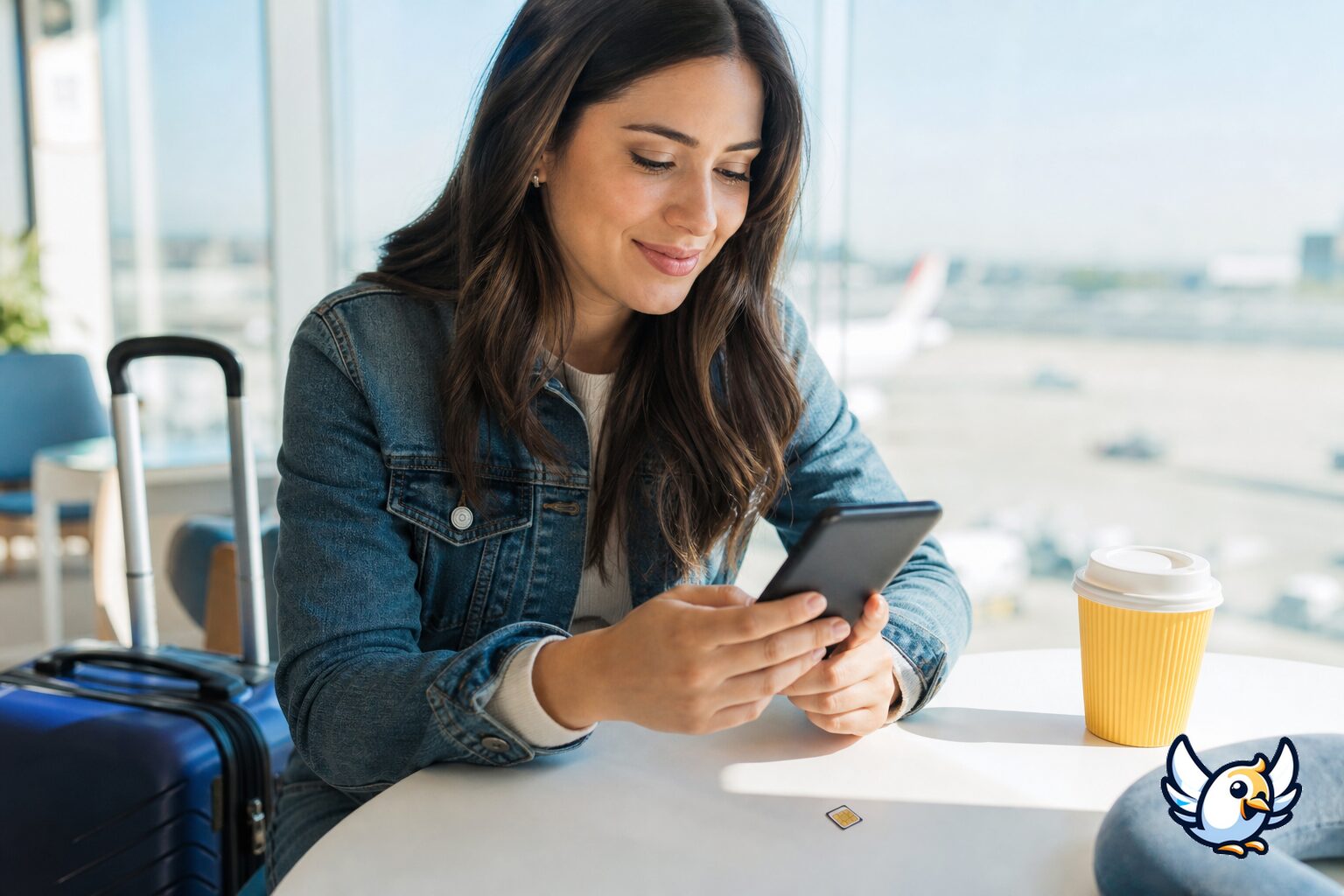 Viajera comparando una SIM física con una SIM digital en su móvil