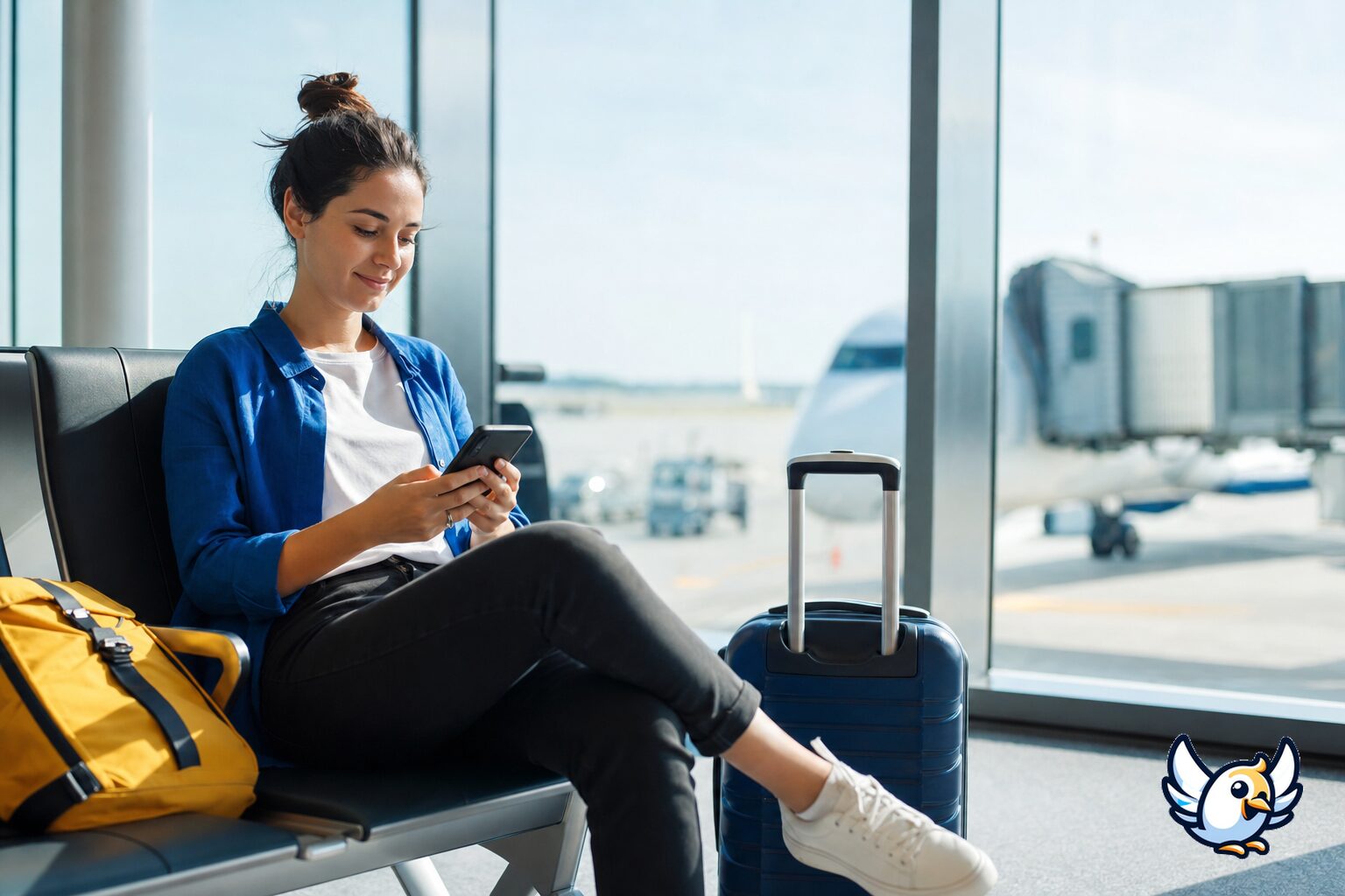 Viajero usando datos móviles en el aeropuerto antes de embarcar