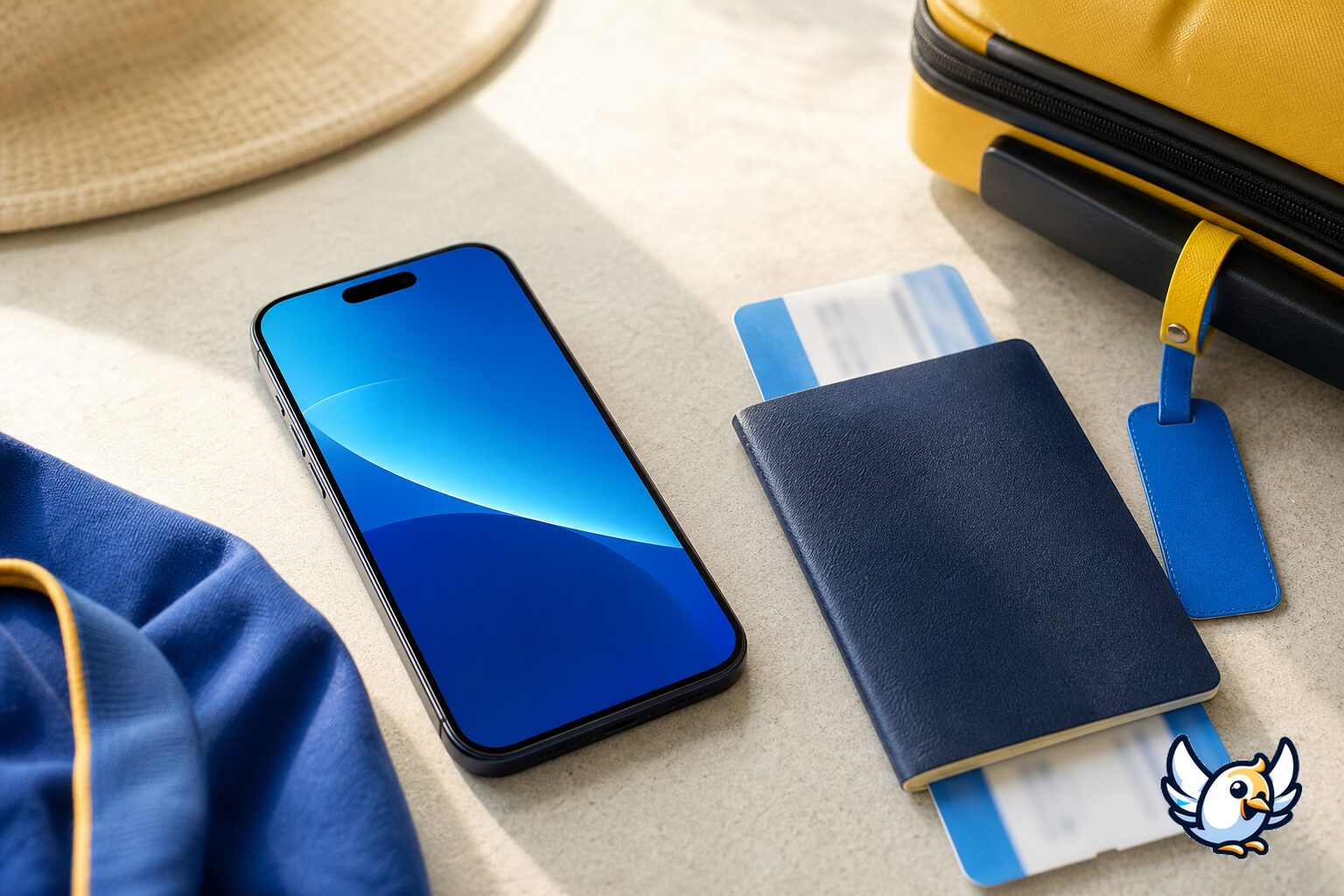 Telefon s cestovn&iacute; eSIM vedle pasu a palubn&iacute; vstupenky