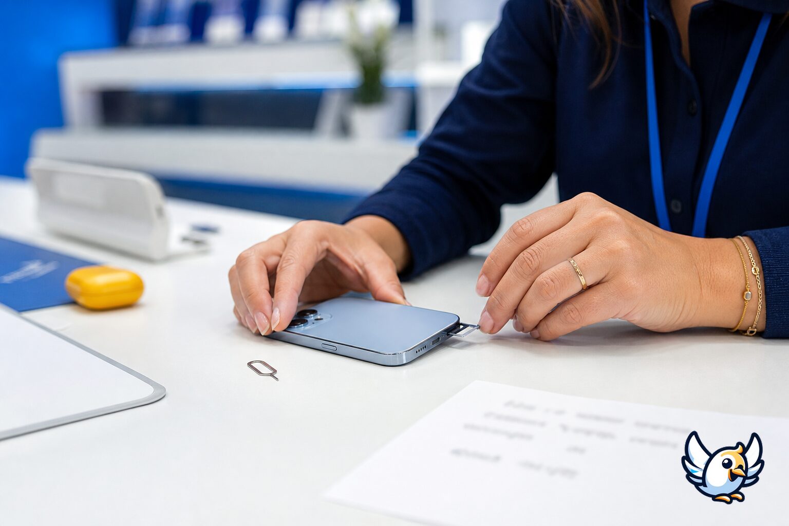 Mesa de suporte t&eacute;cnico com iPhone e c&oacute;digo IMEI anotado