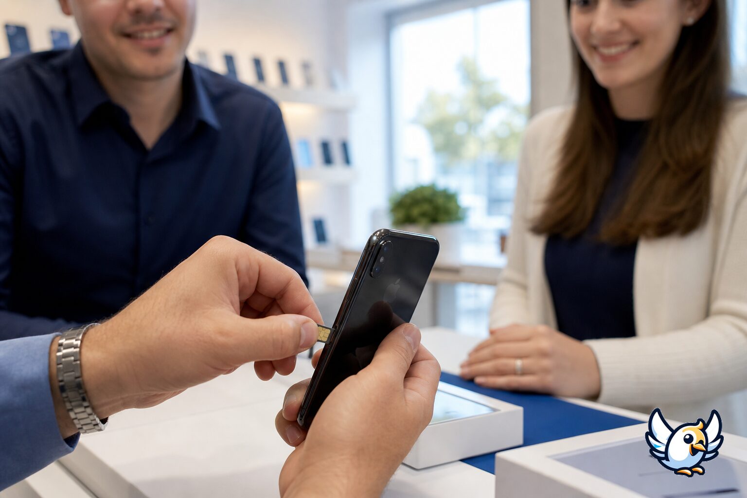 Comprador testando um iPhone usado com outro chip SIM