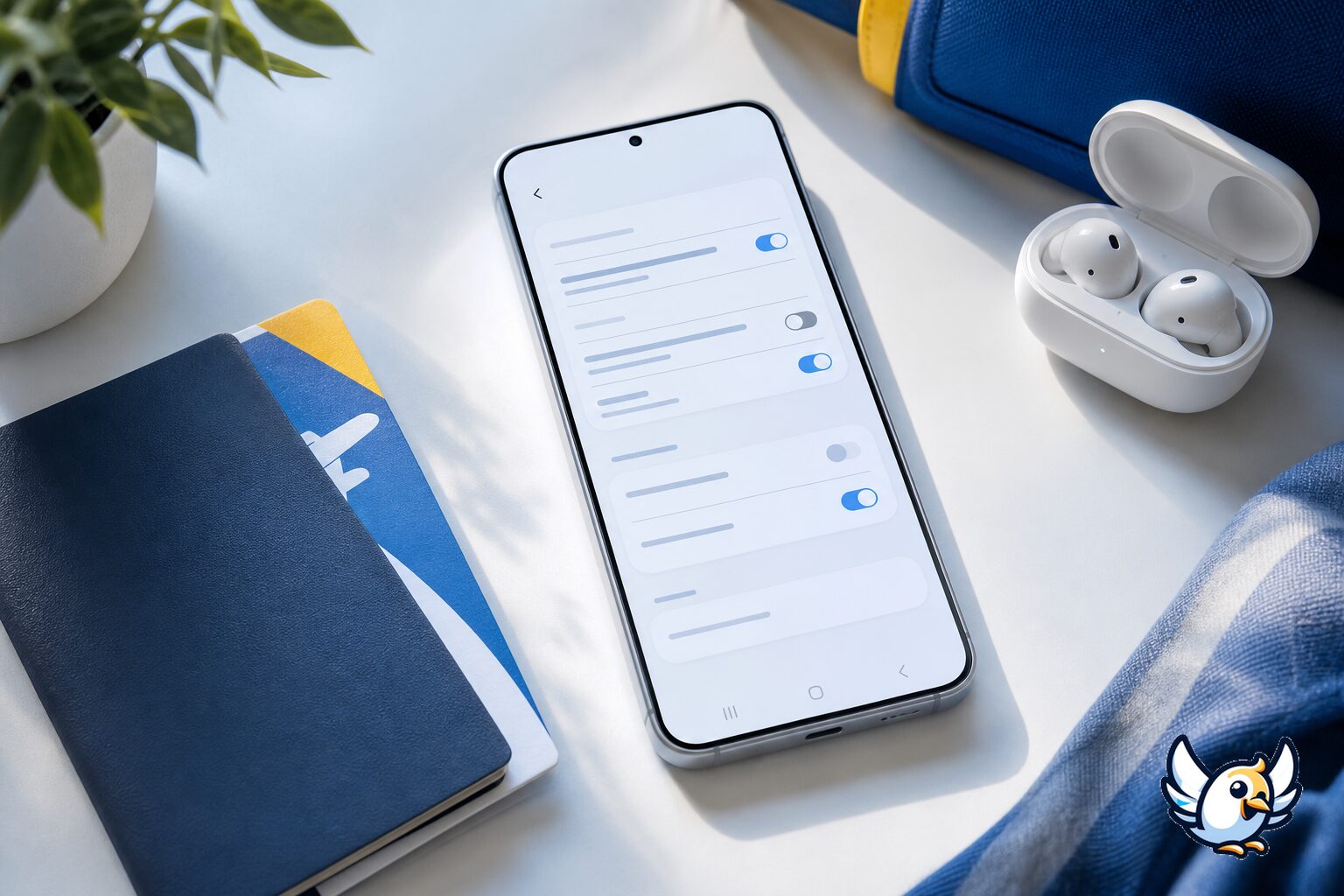 Samsung Galaxy S25 eSIM settings with passport and earbuds