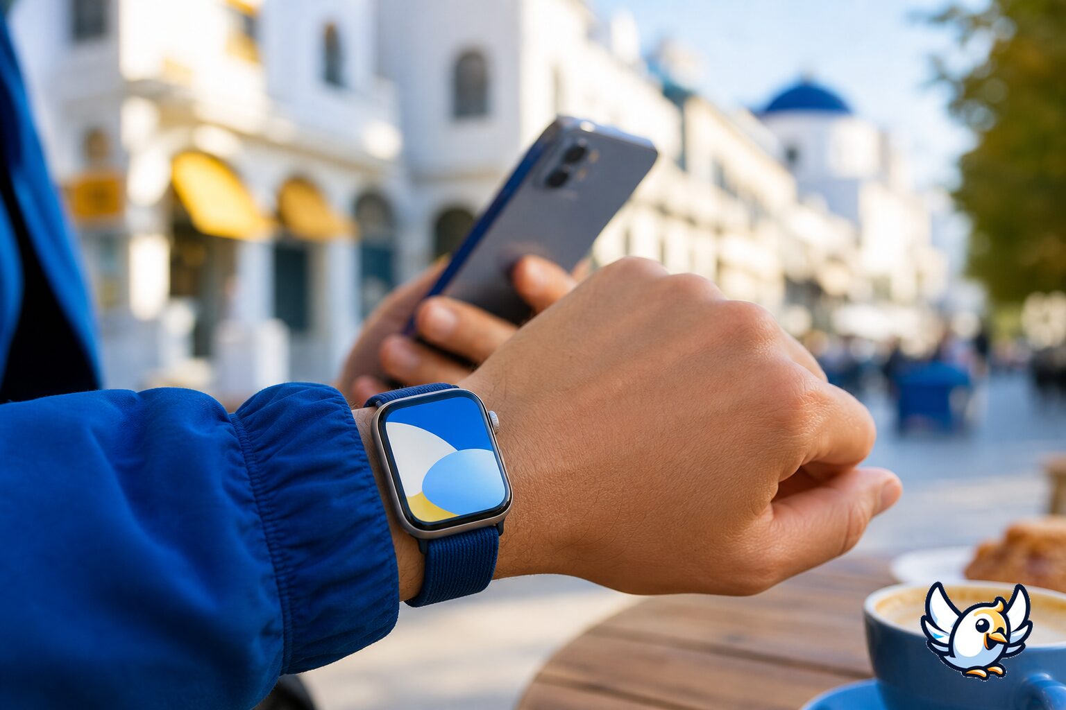 Apple Watch moderno al polso in città con iPhone sullo sfondo