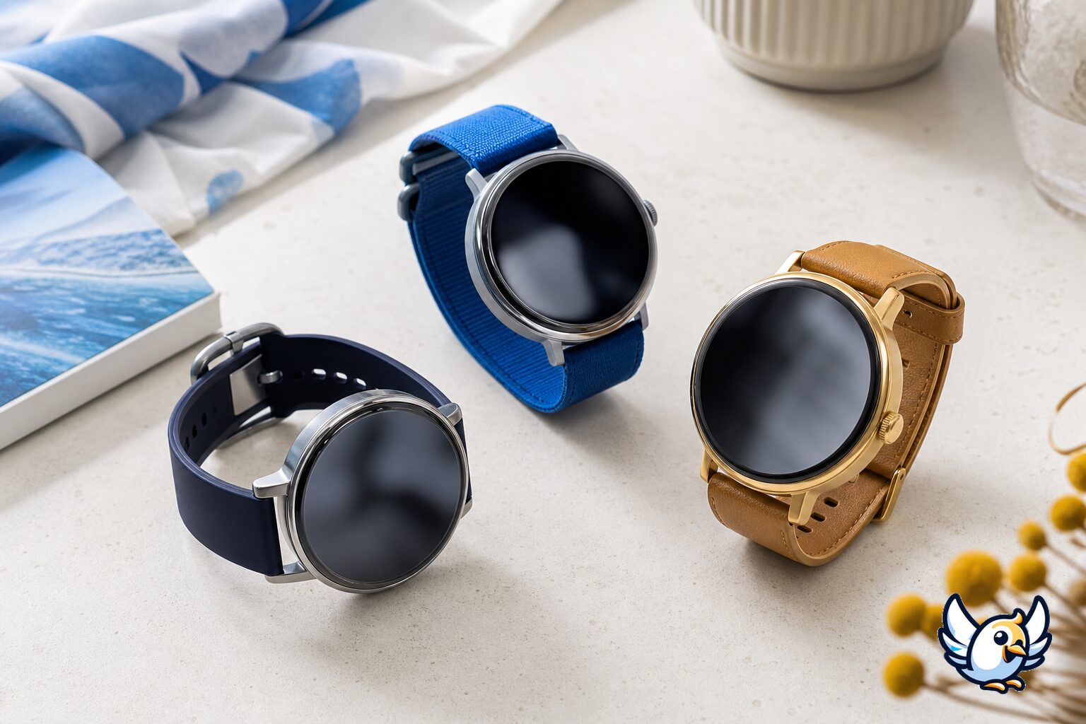 Tre smartwatch moderni su un tavolo minimalista