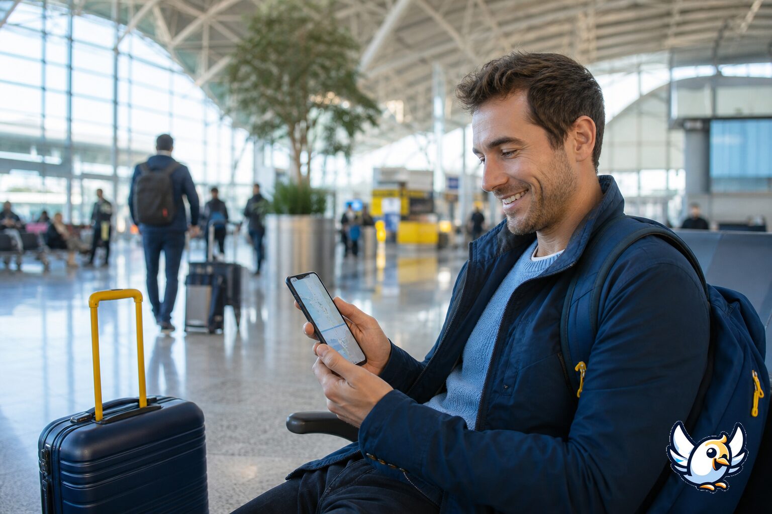 Persona in viaggio usa mappe e messaggi con connessione mobile