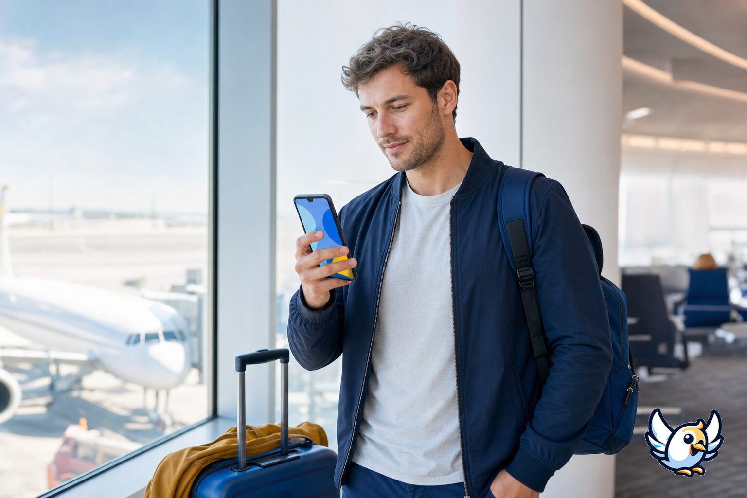 Пътешественик проверява връзката на iPhone на летището