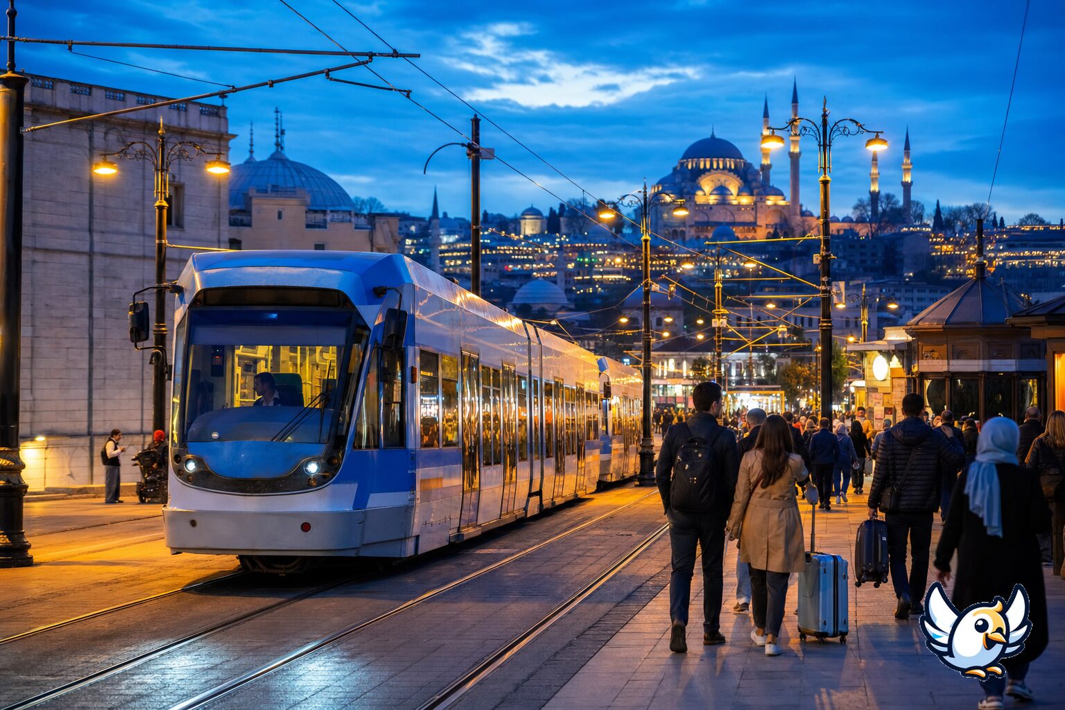 Vista serale di Istanbul con tram e viaggiatori