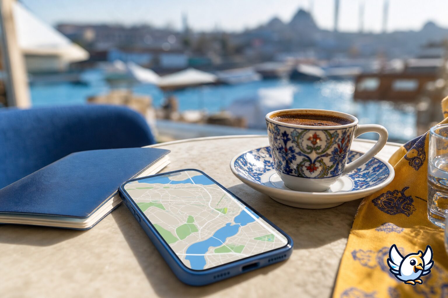 Smartphone con mappa di Istanbul accanto a passaporto e caff&egrave; turco