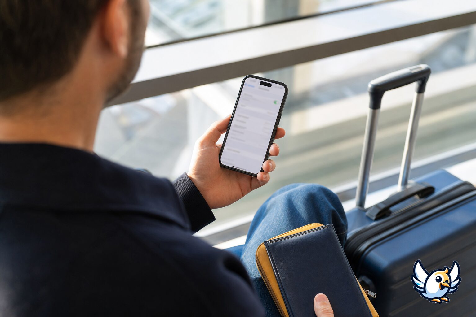 Reiziger controleert eSIM-instellingen op een iPhone