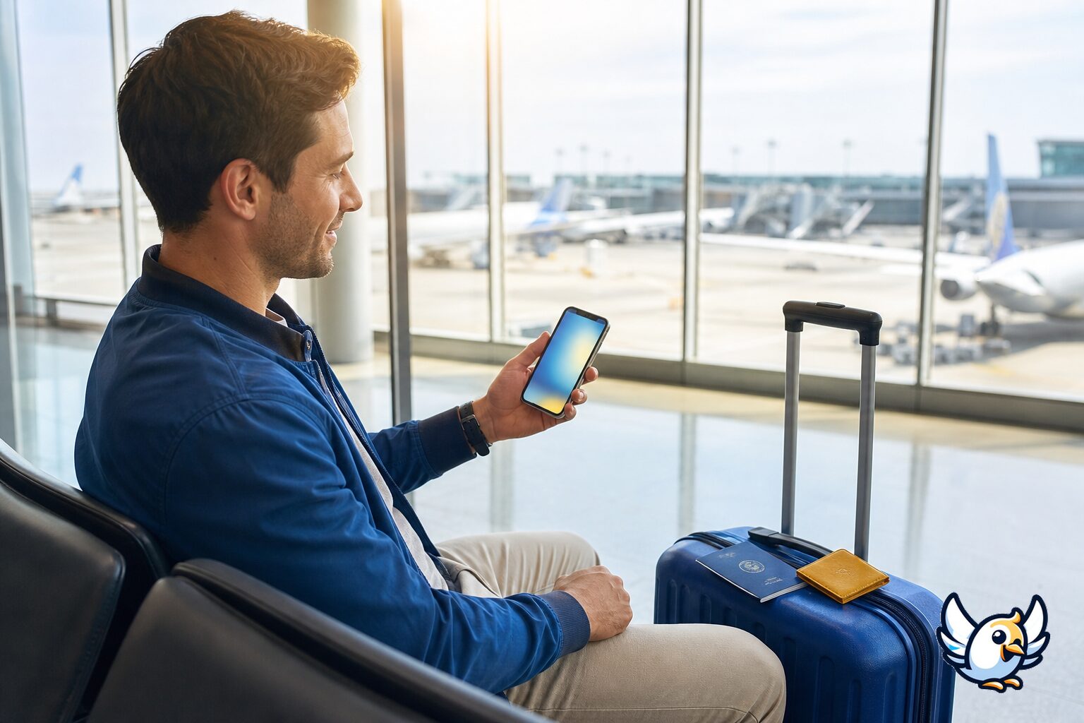 Reiziger activeert een eSIM op iPhone op de luchthaven